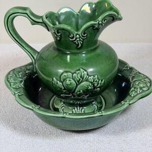 Vintage Pottery Camark Green Pitcher w Bowl Cottage-Core Nice  Avocado